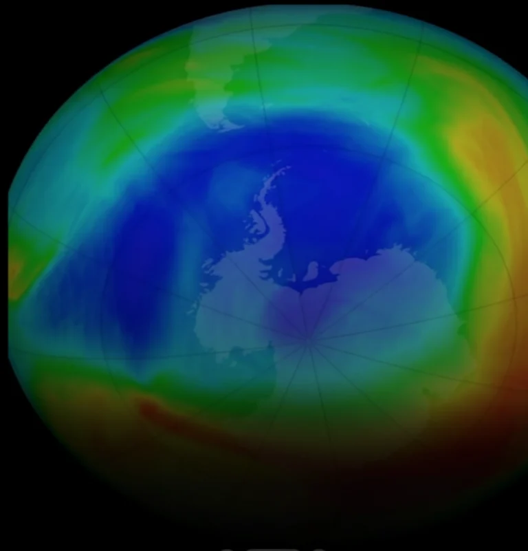 Global map showing the Antarctic ozone hole shrinking as the ozone layer recovers